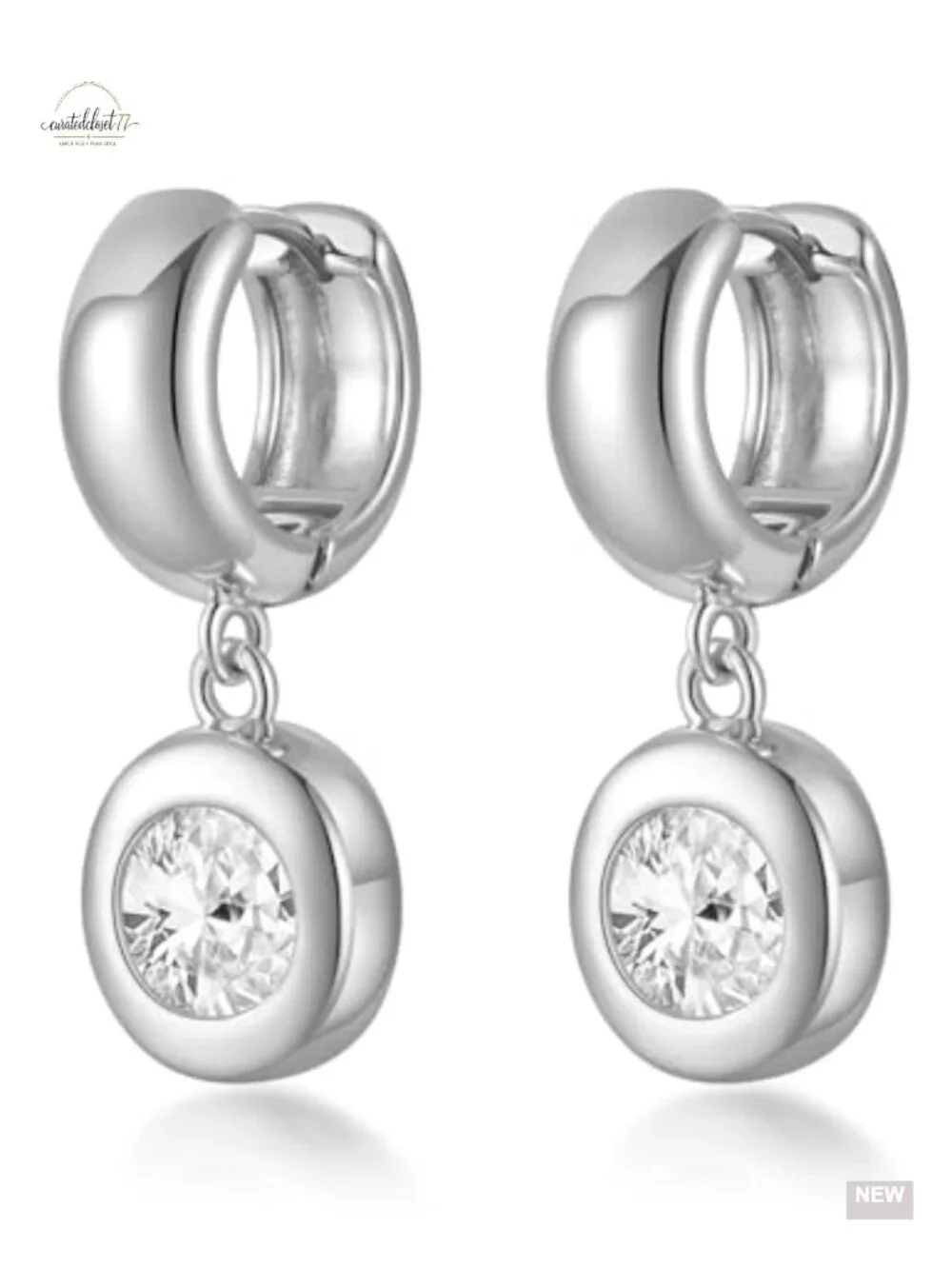 Chunky Huggie Hoop Earrings with Dangle CZ Charm, Hypoallergenic Plated Finish